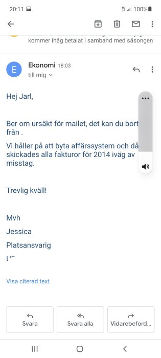 Skärmbild av ett öppnat e-postmeddelande på en mobiltelefon.