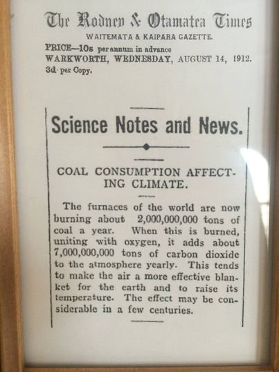 Gamla tidningsartikel om kolens påverkan på klimatet från "Rodney & Otamatea Times" 1912.