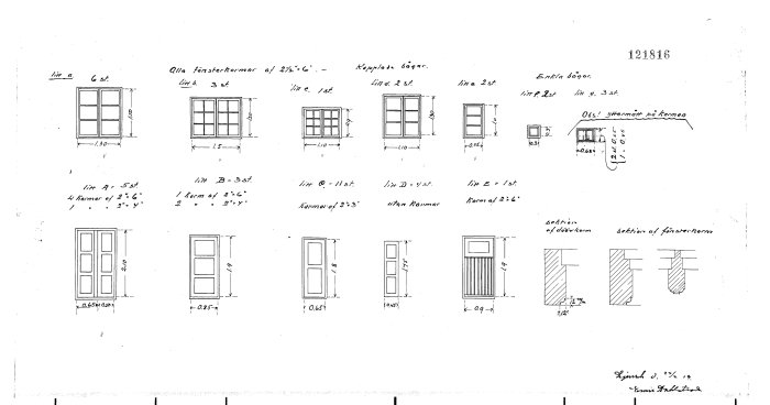Ritningar på traditionella träfönster och dörrar med måttangivelser.