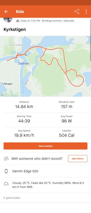 Skärmavbild från en cykelturapp som visar en karta med rutt, sträcka, tid och andra statistikuppgifter.