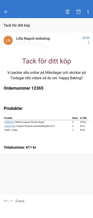 Skärmdump av bekräftelse på köp av mjöl från Lilla Napoli webshop med ordernummer och totalbelopp.