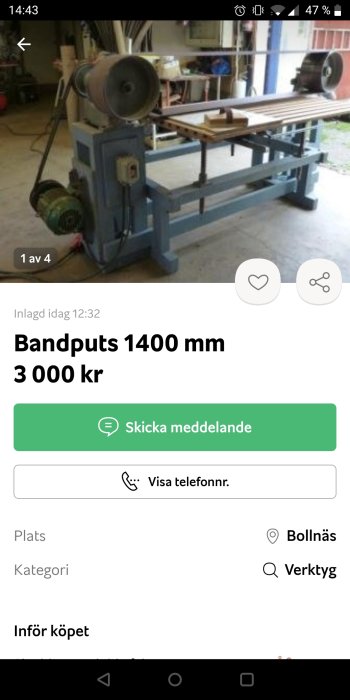 Bandputs på 1400 mm i en verkstadsmiljö, till salu för 3000 kr.