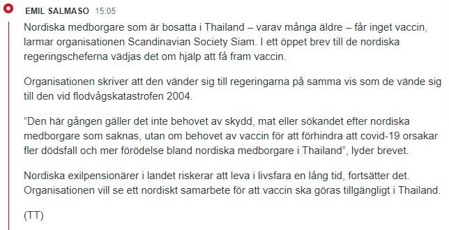 Skärmdump av ett diskussionsinlägg där Emil Salmaso diskuterar vaccinationsfrågor för nordiska medborgare i Thailand.
