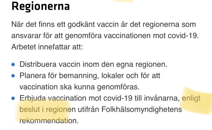 Skärmbild av webbsida med information om regionernas ansvar gällande covid-19-vaccination.