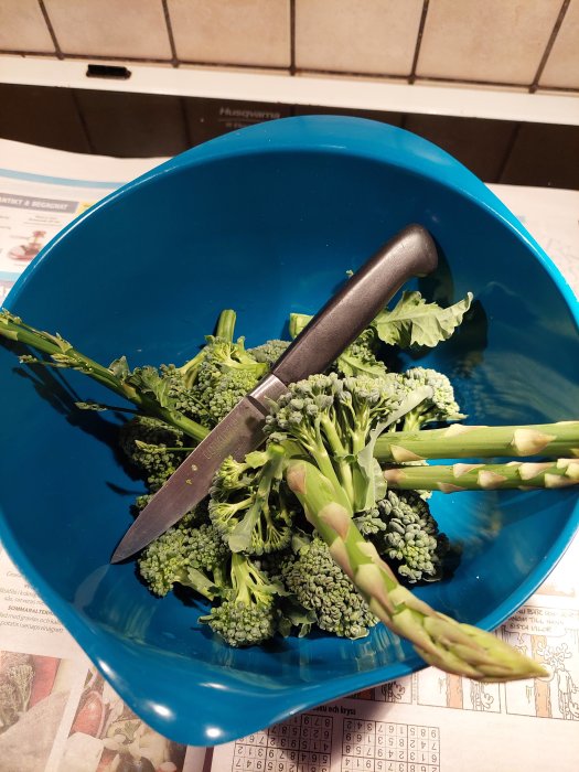 Skördad broccolibuketter och sparris i en blå skål med en kniv, på en tidning.