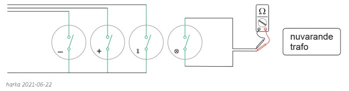 Elektriskt schema över mätuppsättning för resistansmätning mellan fläktströmbrytare och halogentrafo.
