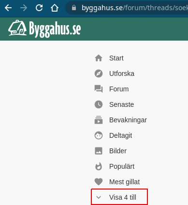 Skärmdump av Byggahus.se forummeny med valmöjligheten "Visa 4 till" markerad.