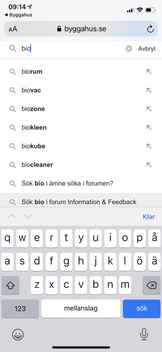 Skärmdump av en sökfunktion på en webbplats där ordet "bio" har skrivits in och ger flera sökförslag samt alternativ för forumssökning.