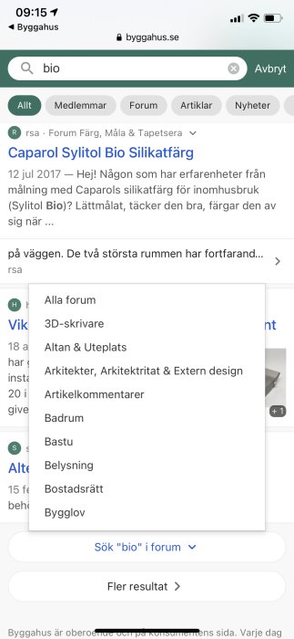 Skärmdump av sökresultat på byggforum med öppen kategori-dropdown och sökfältet fyllt med "bio".