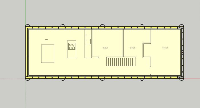 Ritad planlösning av ett långsmalt hus med kök, badrum och två sovrum, inspirerat av Arvesunds ladhus.