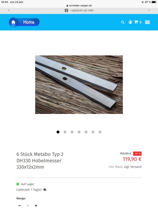 Två parallella hyvelstål på ett träunderlag framför en webbproduktbeskrivning med pris och mått för Metabo Typ 2 DH330.