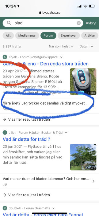 Skärmdump av ett diskussionsforum med markerade datum och sökresultat inklusive en bild på en robotgräsklippare.