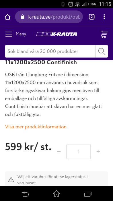 Skärmdump av en produktsida för OSB-skiva på K-rauta med beskrivning och pris 599 kr/st.