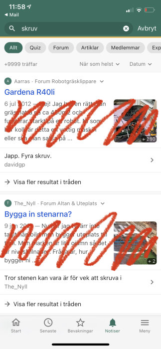 Skärmdump av ett mobilforumsökresultat med omarkerade datum och forumtrådar, med röd överstrykning på text och bilder.