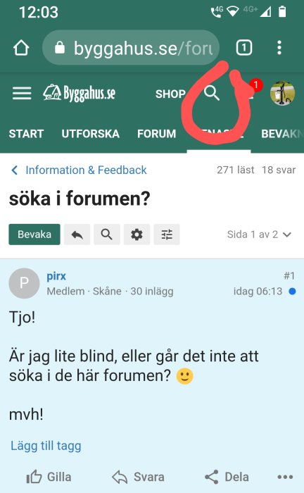 Skärmdump av Byggahus forum med markerad sökfunktionsikon.