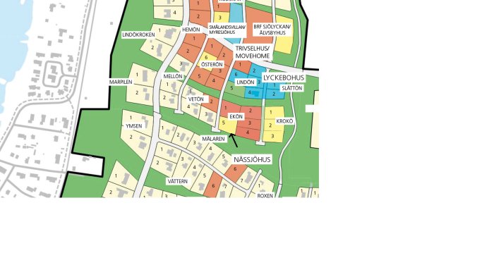 Karta över ett planerat bostadsområde med markerad tomt Ekön 5 nära grönområde och vatten.