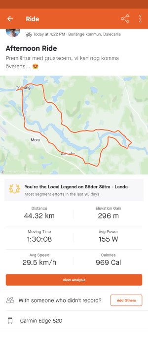 Skärmdump av en cykeltursstatistik och karta med titeln "Afternoon Ride" och noteringen "Local Legend on Söder Sätra - Landa".
