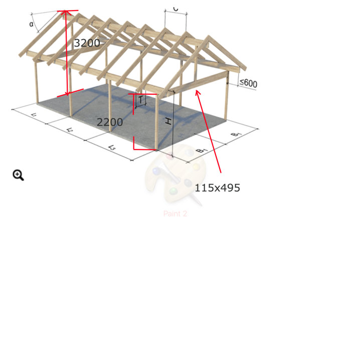 3D-modell av ett takstomme med angivna mått och takvinkel, för diskussion om balkstorlek.