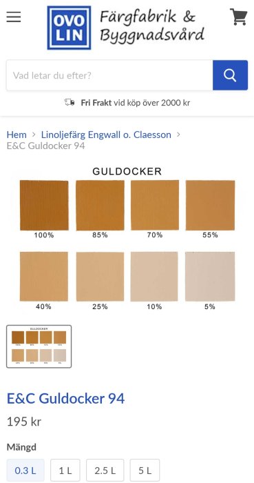 Färgprover av Engwall och Claesson linoljefärg i nyansen Guldocker 94 med varierande täckningsgrader från 100% till 5%.