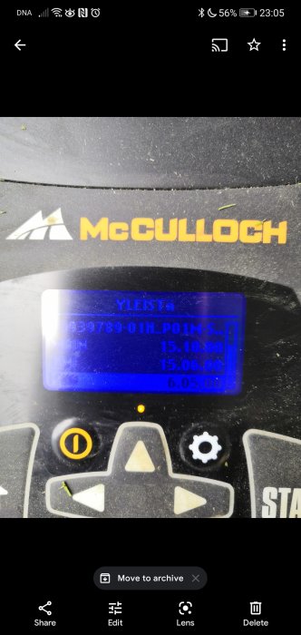 Digital display on McCulloch machinery showing version information and dates.