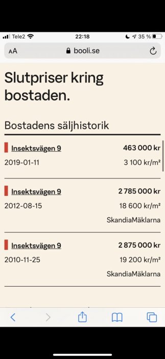 Skärmavbild av en fastighets försäljningshistorik på Booli med tre transaktioner och prisinformation.