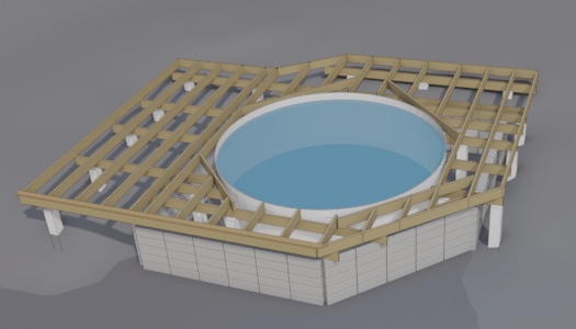 3D-skiss av en pool inbyggd i en altan med lecamur, visar bärlinor och trall.