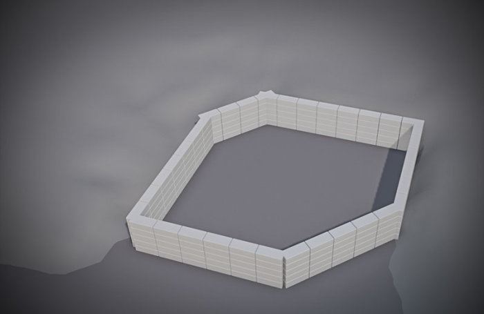 3D-skiss av en lecamur runt en planerad poolplats.