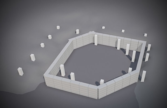 3D-modell av en vit lecamur i en oktagonform runt en planerad poolplats, med lösa block utspridda runt.
