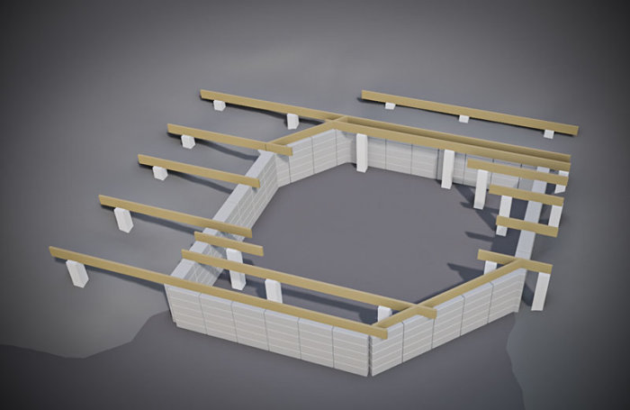 3D-rendering av en konstruktionsplan för en ovanmark pool integrerad i en altan med lecamur och bärlinor.