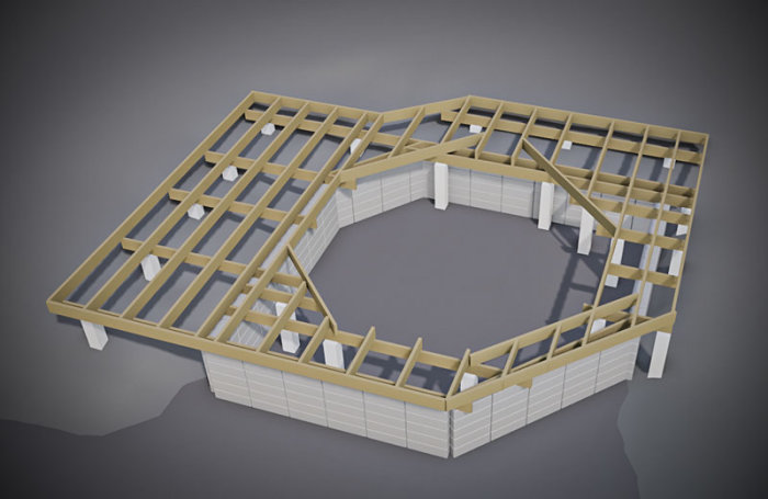 3D-modell av altankonstruktion med bärverk och plats för rund pool inramad av lecamur.