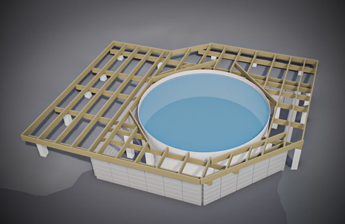 3D-modell av en rund ovanmarkspool integrerad i en konstruktion med altan och stödmurar.