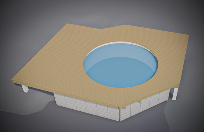 3D-modell av en rund ovanmarkspool integrerad i altan med stödmur.