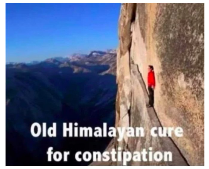 Person står på en klippavsats med bergsutsikt och texten "Old Himalayan cure for constipation".