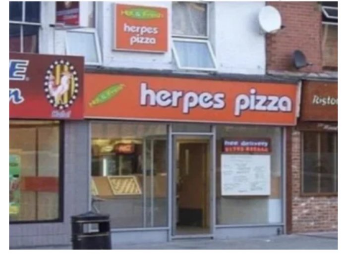 Pizzeria med skylt där det står "herpes pizza".