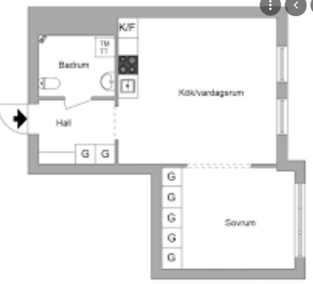 Översiktlig planritning av en lägenhet som visar placeringen av kök, vardagsrum, sovrum, hall och badrum.