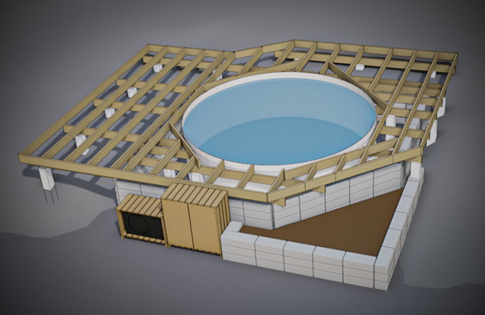 3D-modell av ett poolprojekt med träram, plintar, värmepumpsförråd och mur.