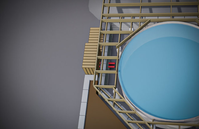 3D-modell av trädäck och pool med planerad eldragning och märkt plats för värmepump.