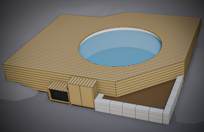 3D-modell av en träterrass med integrerad rund pool, gömd lecamur och förvaringslåda.