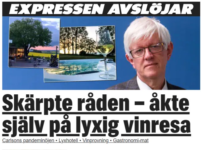 Skärmdump från Expressen med rubrik om lyxresa, en bild på en man, samt bilder på ett lyxhotell, pool och ett glas vin.
