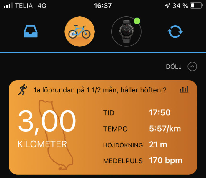 Skärmavbild av träningsapp efter löprunda visar 3 km avklarat, tid 17:50, tempo 5:57/km, höjning 21 m, puls 170 bpm.