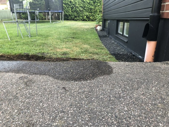 Grävt dike längsmed asfaltvägen vid gräsmattans kant vid husvägg, lutning synlig.