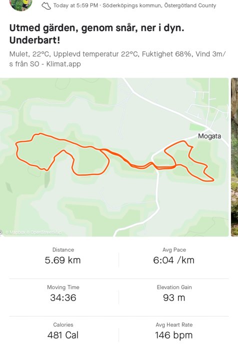Skärmdump av löprunda med kartspår som visar 5,69 km sträcka, tid och hjärtfrekvensdata.