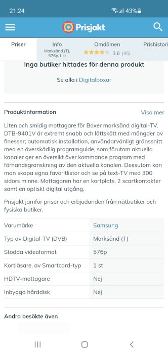 Skärmdump från Prisjakt visar produktinformation om en Samsung digitalbox som inte stödjer MPEG4.