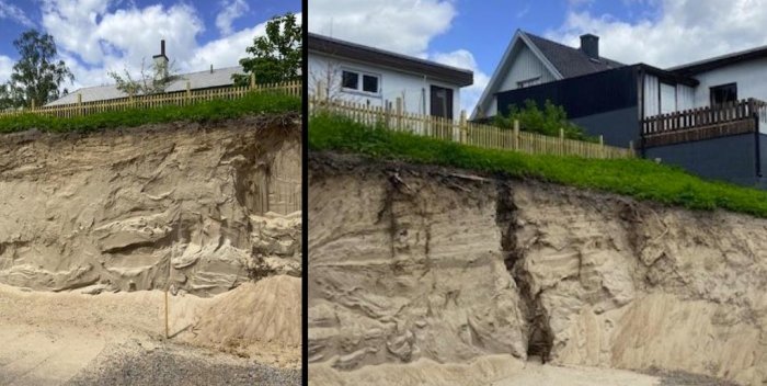 Erosion vid tomtgräns med 3,7 meters högt avskalat jordlager under hus och staket.