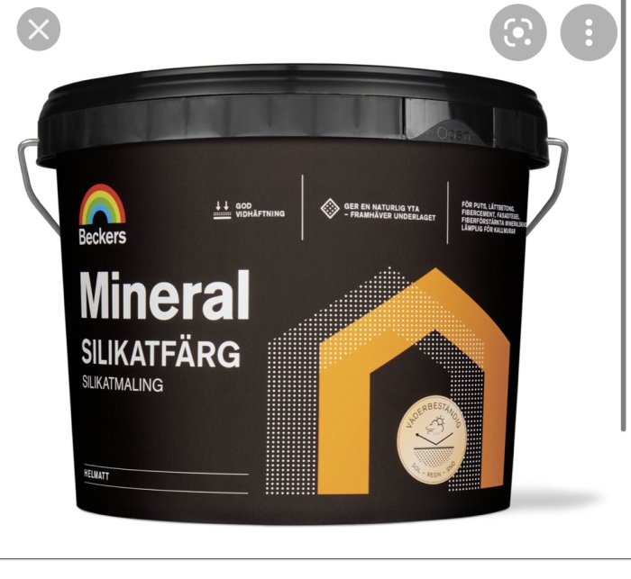 En hink med Beckers Mineral Silikatfärg mot en vit bakgrund, avsedd för putsade ytor.