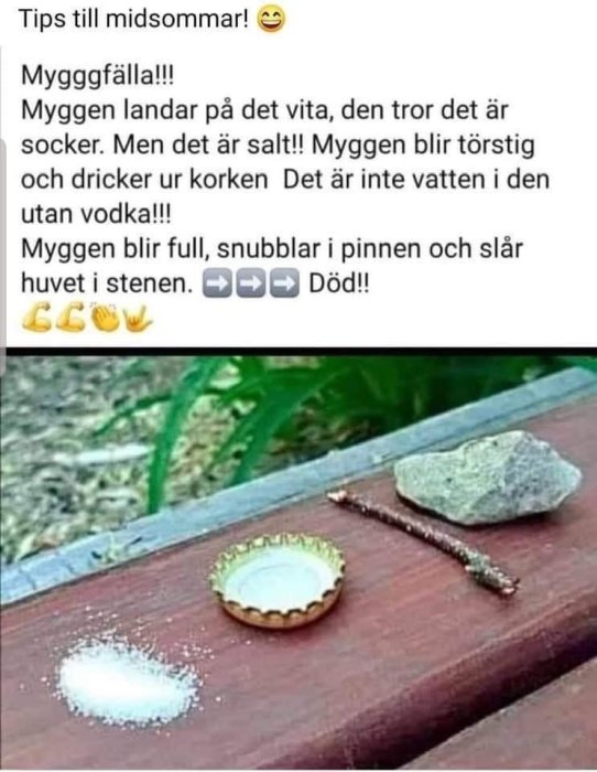 En hög med salt, en ölflaskkapsyl med vätska, en liten pinne och en sten på en träyta.