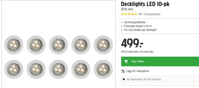 10-pack fukttåliga decklights LED för utomhusbruk, 30 mm i diameter, visas tända.