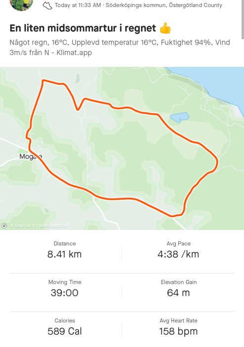 Skärmdump av löprunda med rutt på karta och statistik: distans 8.41 km, tid 39 min, 589 kalorier förbrända.