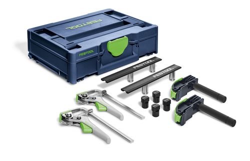 Festool limited edition verktygssats med blå systainer och tillbehör för fixering och spännning.