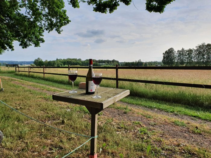 Två glas rödvin och en flaska på ett bord utomhus med utsikt över landskapet bakom ett trästaket.